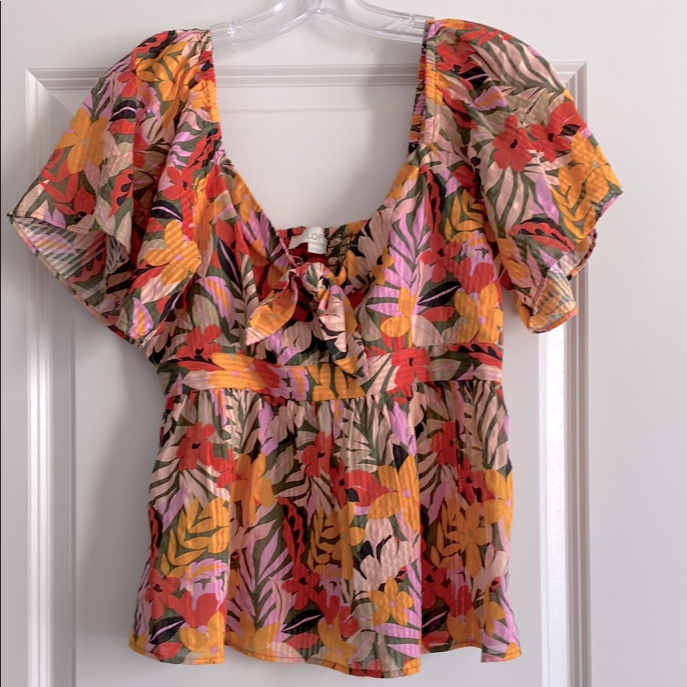 LOFT Orange and Pink Ruffled Peplum Blouse